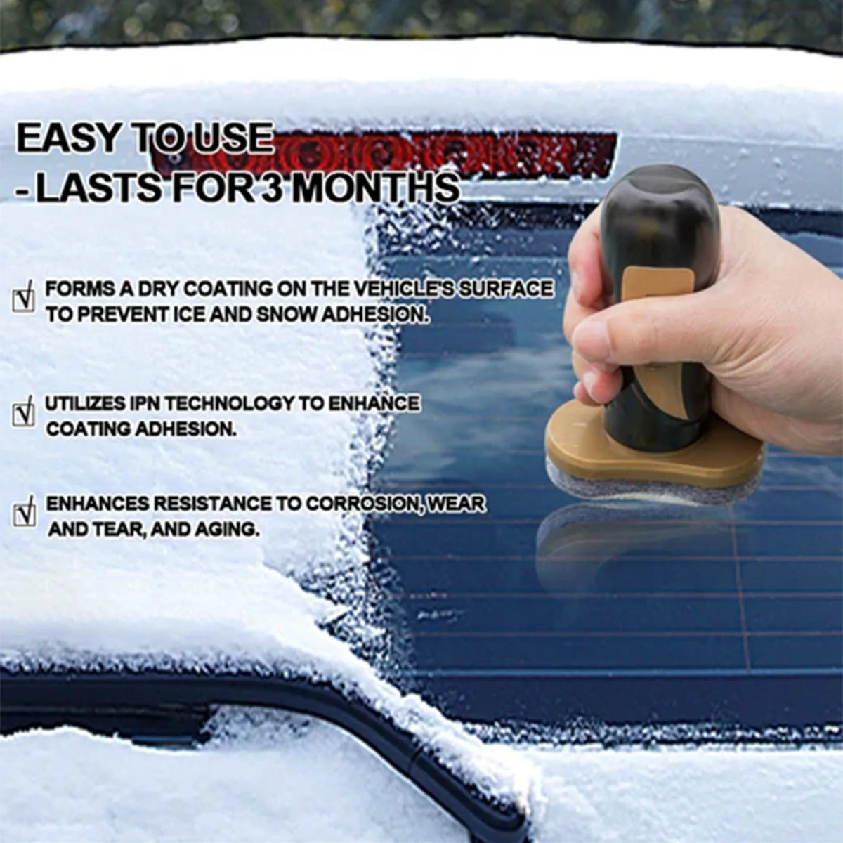 Car snow brush with hydrophobic nano coating, white PE brush measuring 5x9x14 cm.