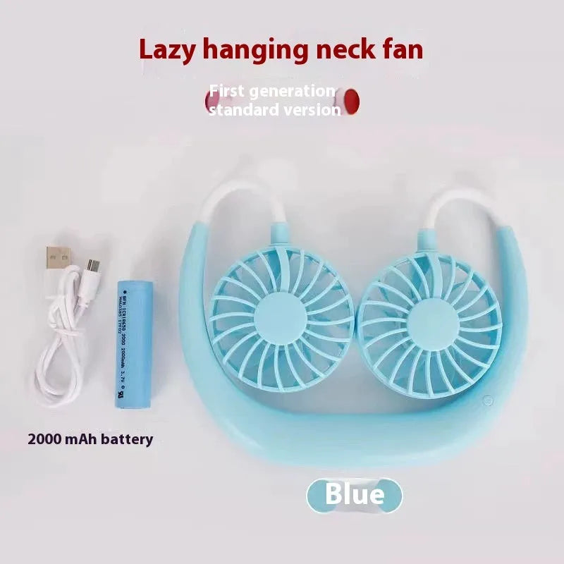 Charging mini portable halter fan with brushless motor, colourful breathing light, and three speed modes in black