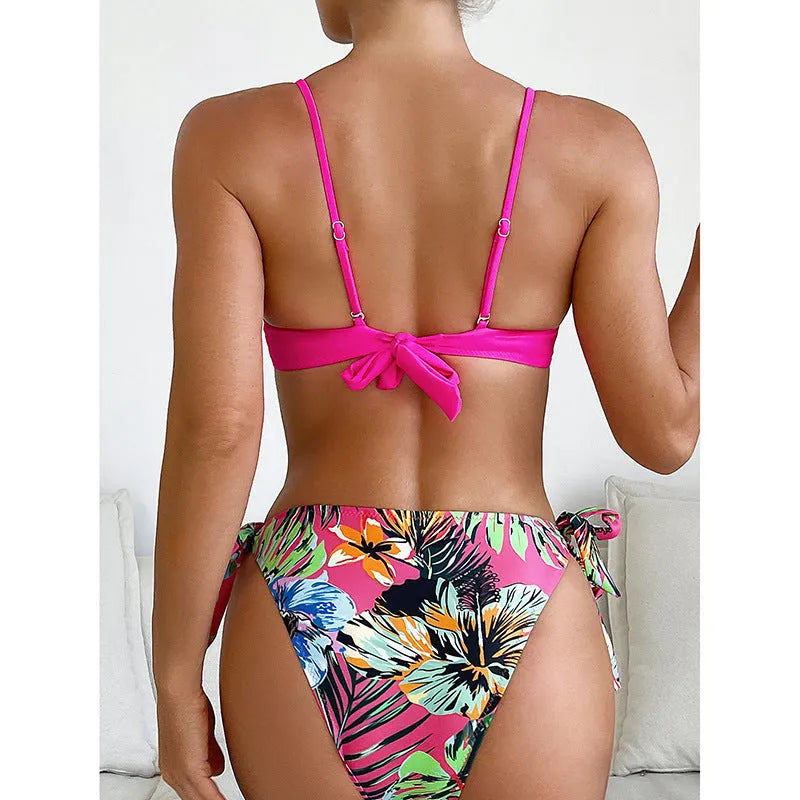 Rose red women's bikini swimsuit with braid rope design detail.