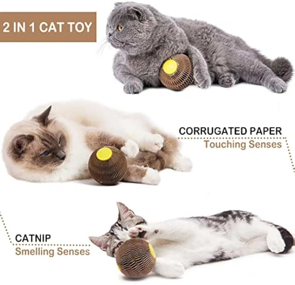 Brown refillable catnip ball toy for cats, 76mm corrugated paper scratcher with natural catnip