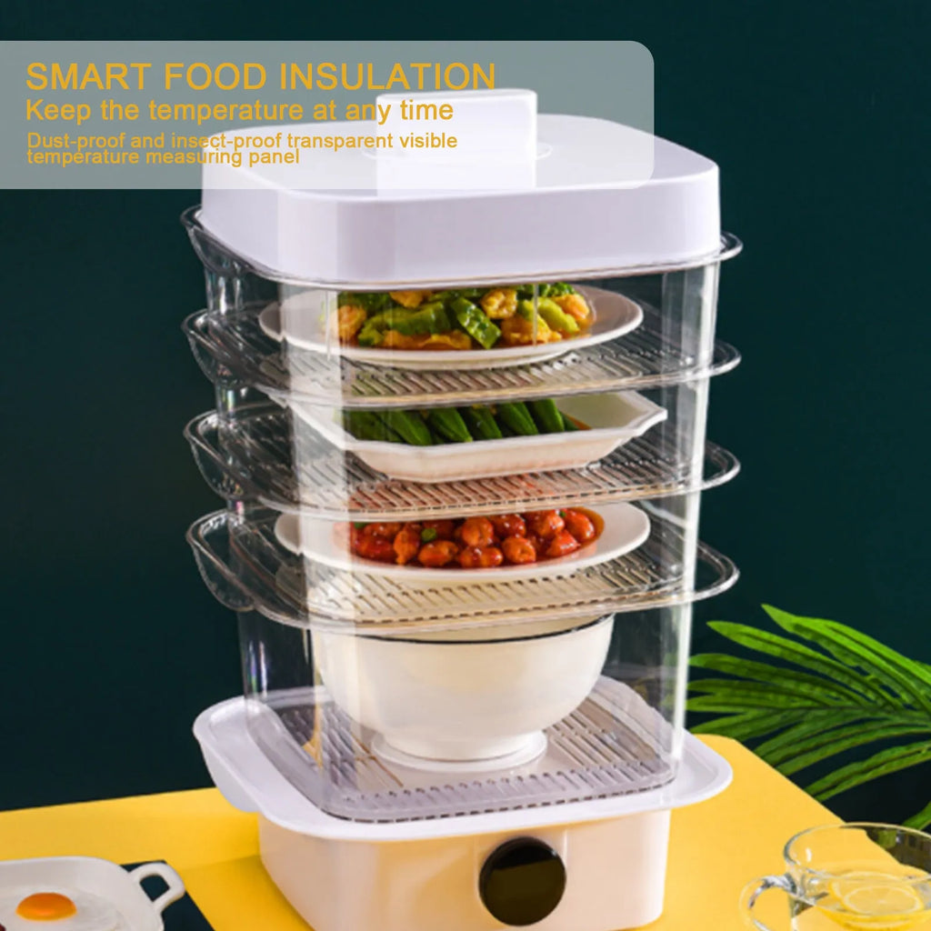 Plastic multi-layer dish cover in white with temperature display on dining table