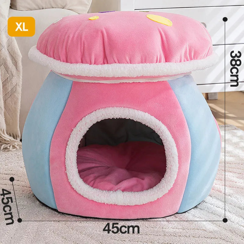 Grey mushroom-shaped cat bed with soft plush interior, shown with a cat inside.
