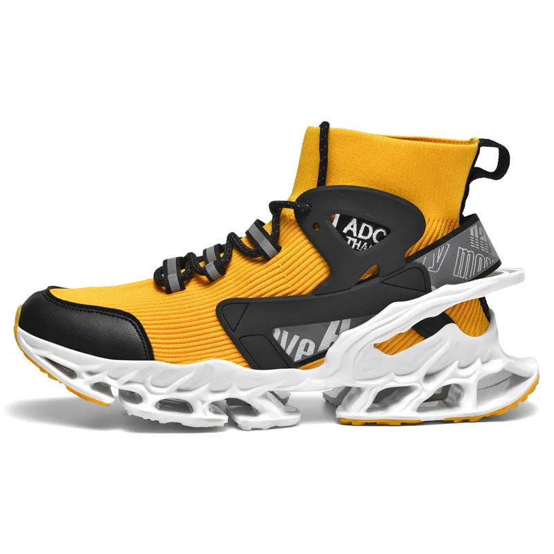 Ultra-light shock-absorbing running blade flyknit sneakers for men, black mid-top lace-up sports shoes with TPU TPR sole