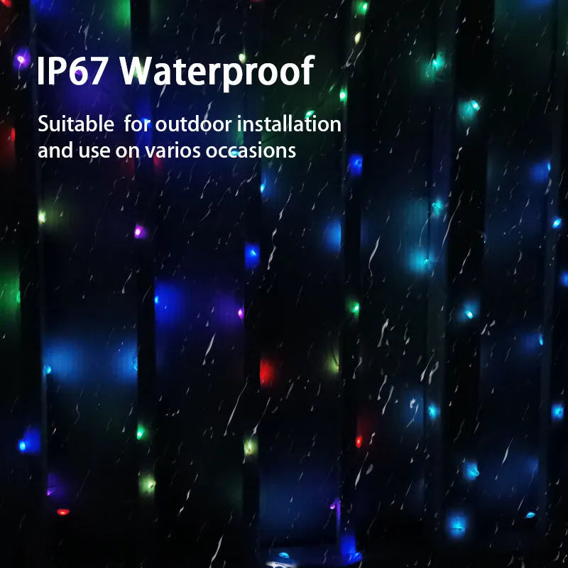 10-metre long multi-colour LED decorative light string with remote control on a white background