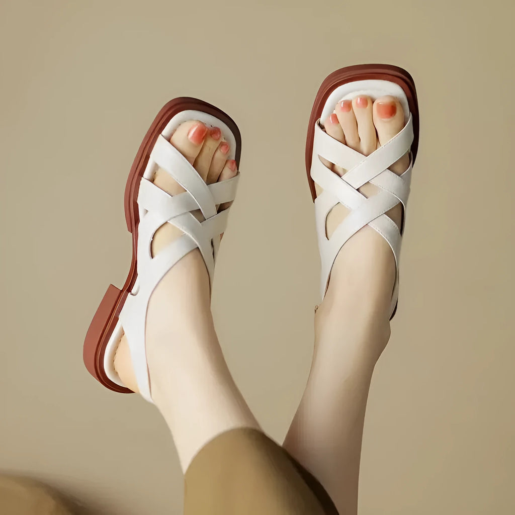 Women's glossy patent leather sandals with square toe and cross strap design in three colour options