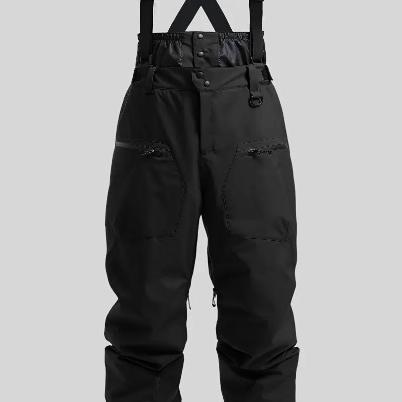 Men's black waterproof ski pants with a thickened strap detail, made from linen fabric.
