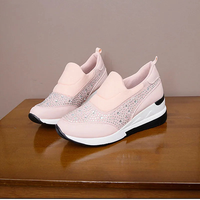 Rhinestone wedge flats for women with inner height increase, round toe, PU upper, black colour, side view