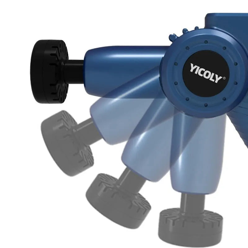 Black smart muscle massage gun with multiple attachment heads on a grey background