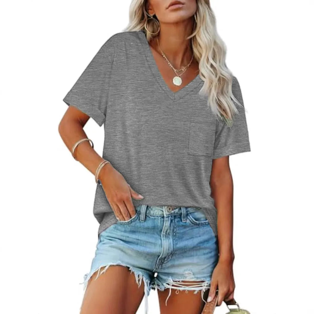 Grey loose V-neck short sleeve T-shirt with front pocket