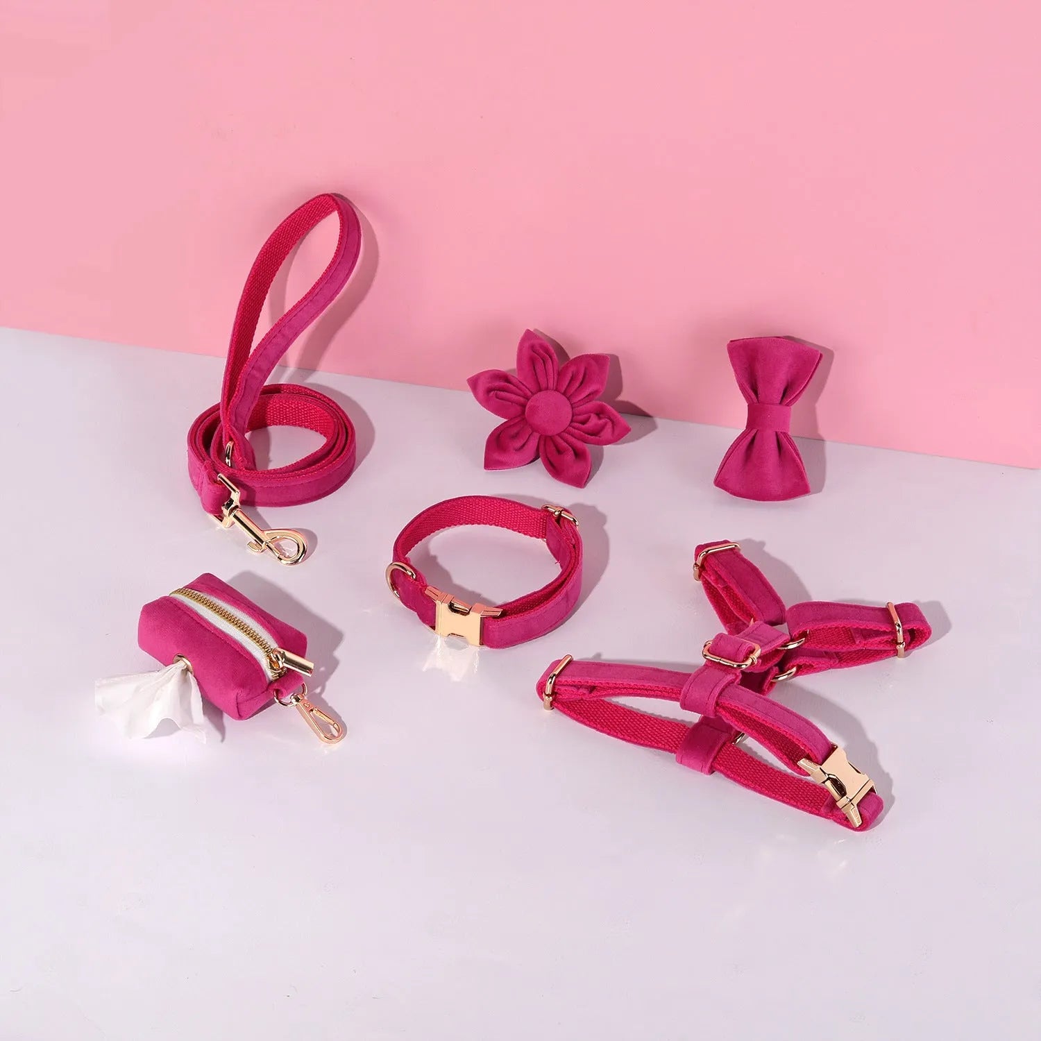 Classic velvet soft pet collar and traction rope set in red fleece with bow tie and flower accessory