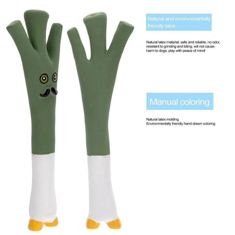 Latex vegetable dog chew toy in green, orange and purple cartoon designs for dental hygiene