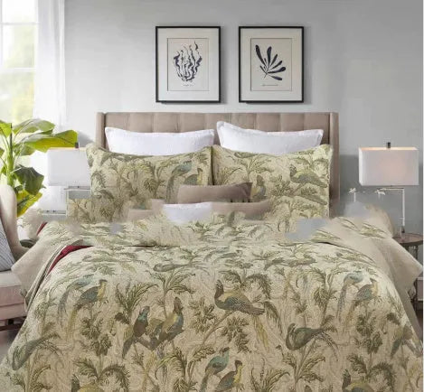 Blue American flower and bird pattern cotton bedspread quilted set with three pieces on bed