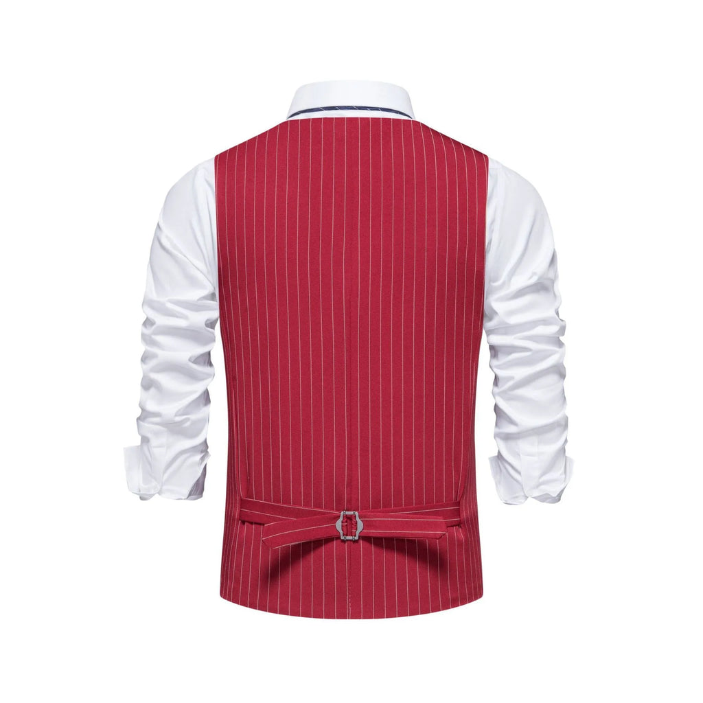 Men's striped suit vest in polyester with non-ironing feature and miter hem.