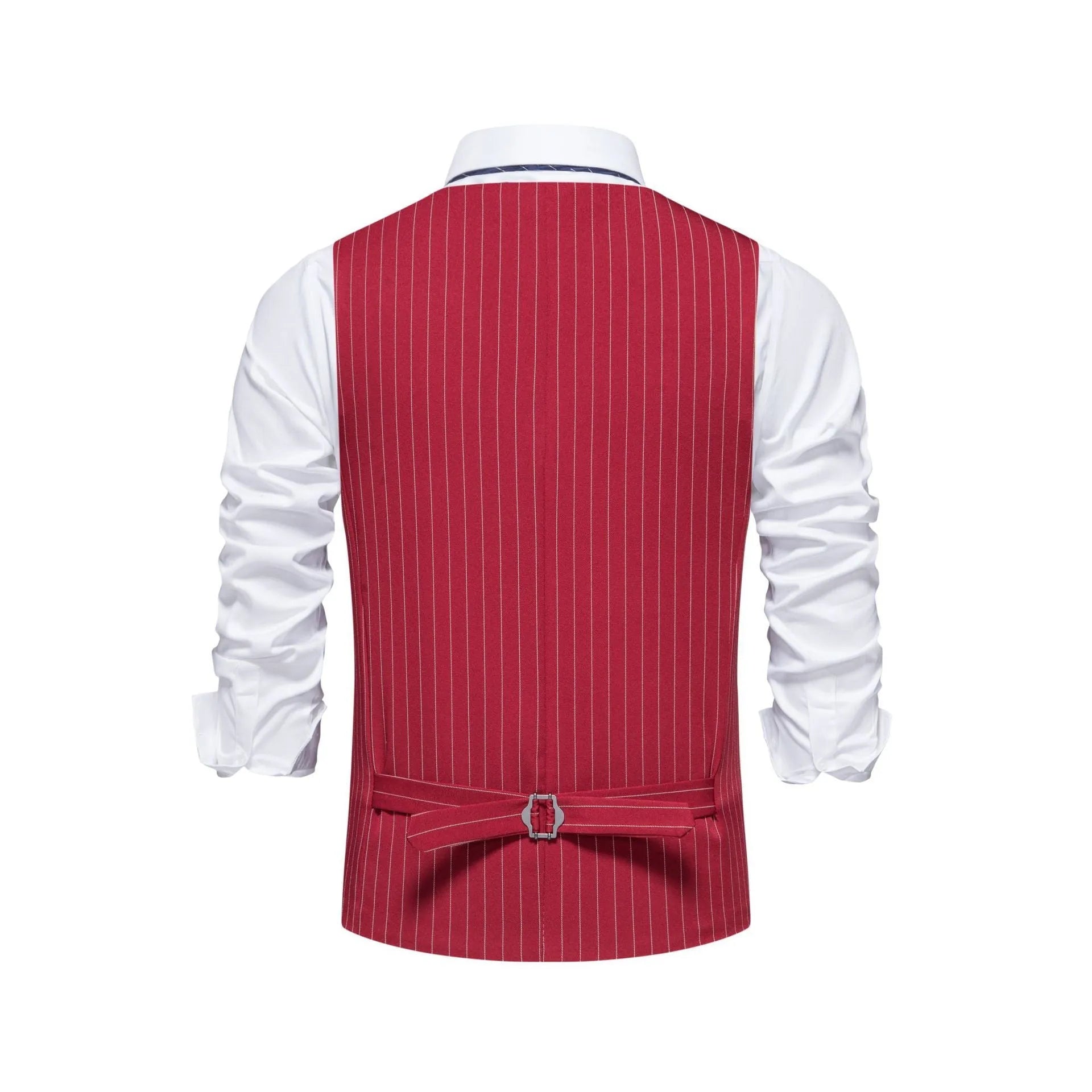 Men's striped suit vest in polyester with non-ironing feature and miter hem.