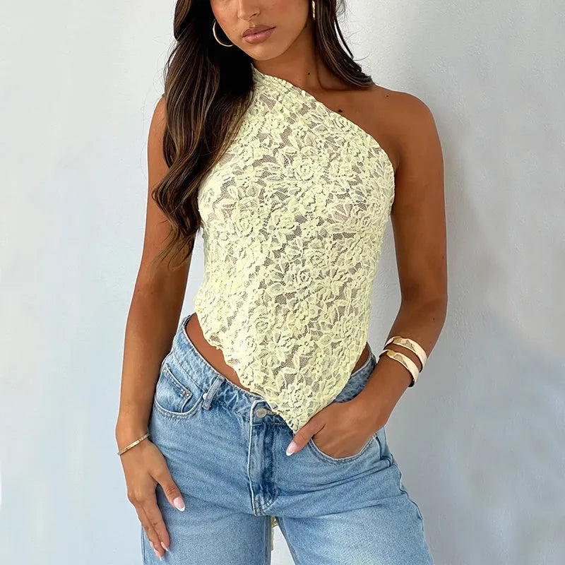 Women's lace backless sleeveless vest with asymmetrical neckline in solid colour