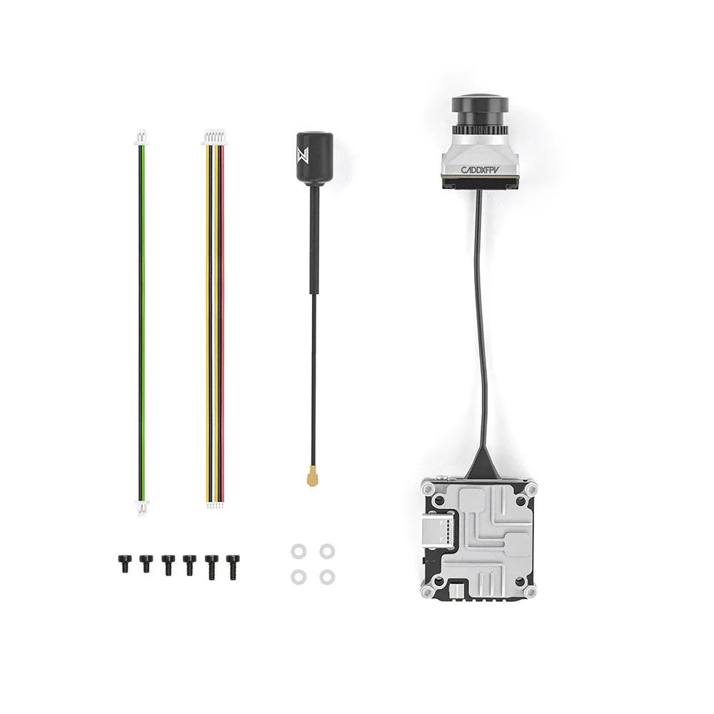 Caddx ADAPTS DJI FPV Digital Transmission Kit with silver Vista unit, screws, spacers, and wires.
