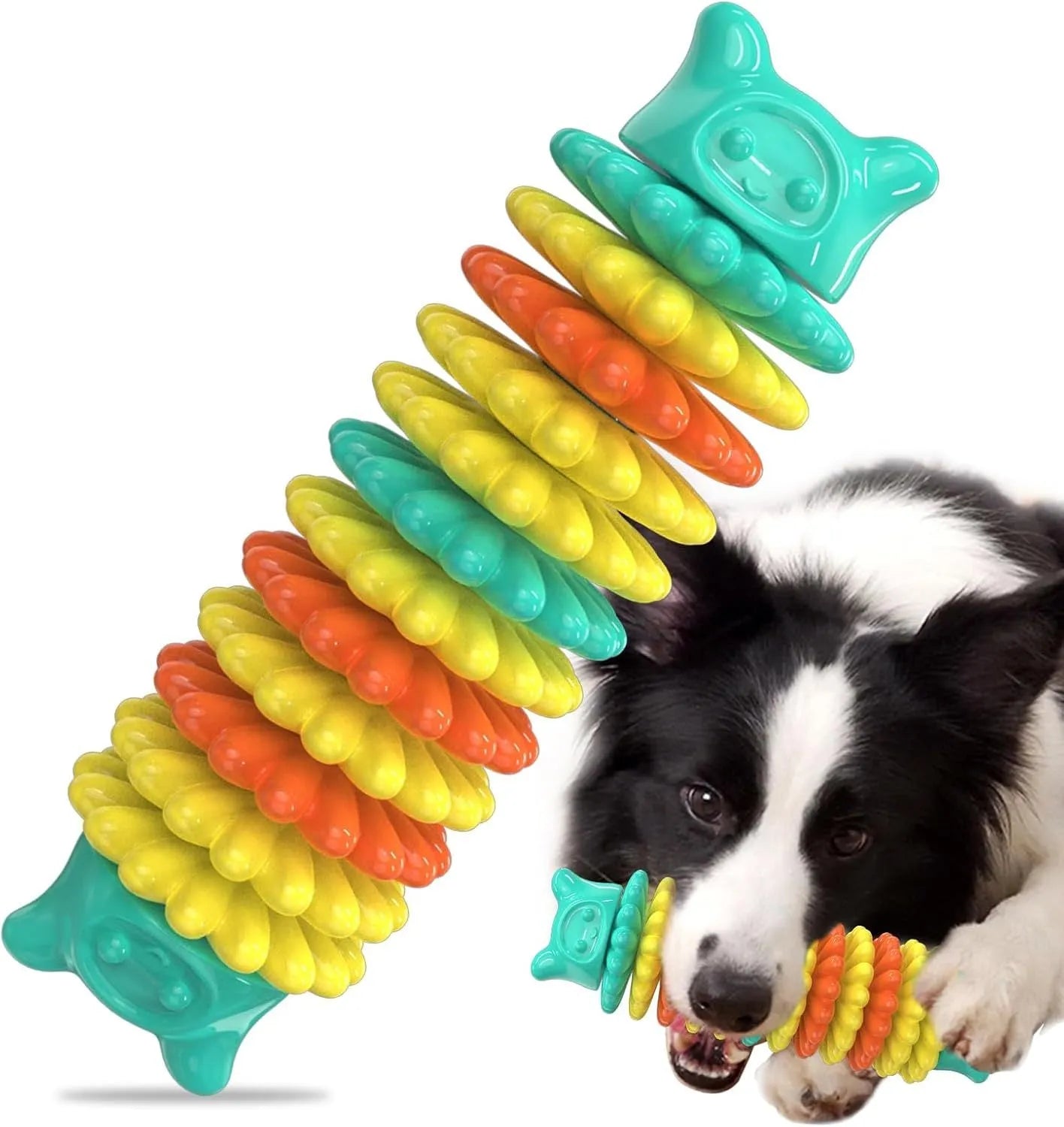 Blue natural rubber caterpillar-shaped dog chew toy on a white background.