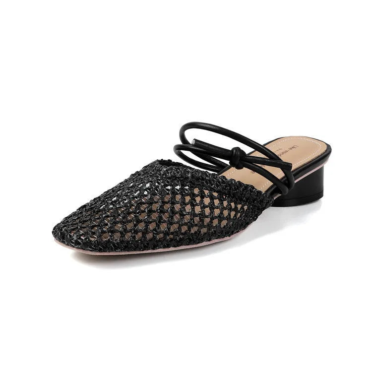 Women's black retro square toe slippers with chunky mid heel and breathable hollow-out PU upper.