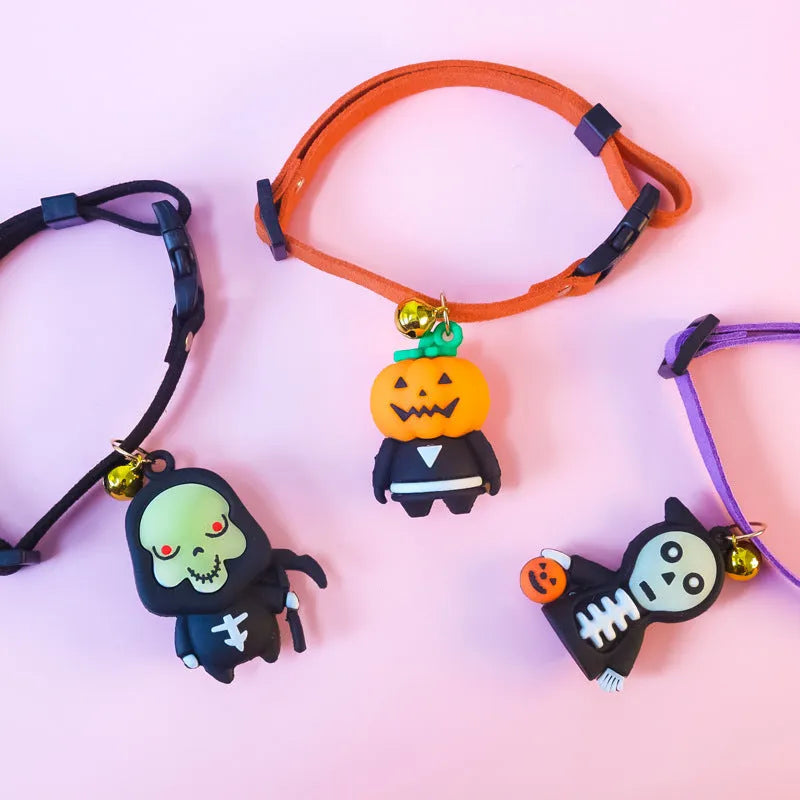 Halloween dog collar decoration in polyester with cartoon pumpkin, luminous brat, or skull patterns.