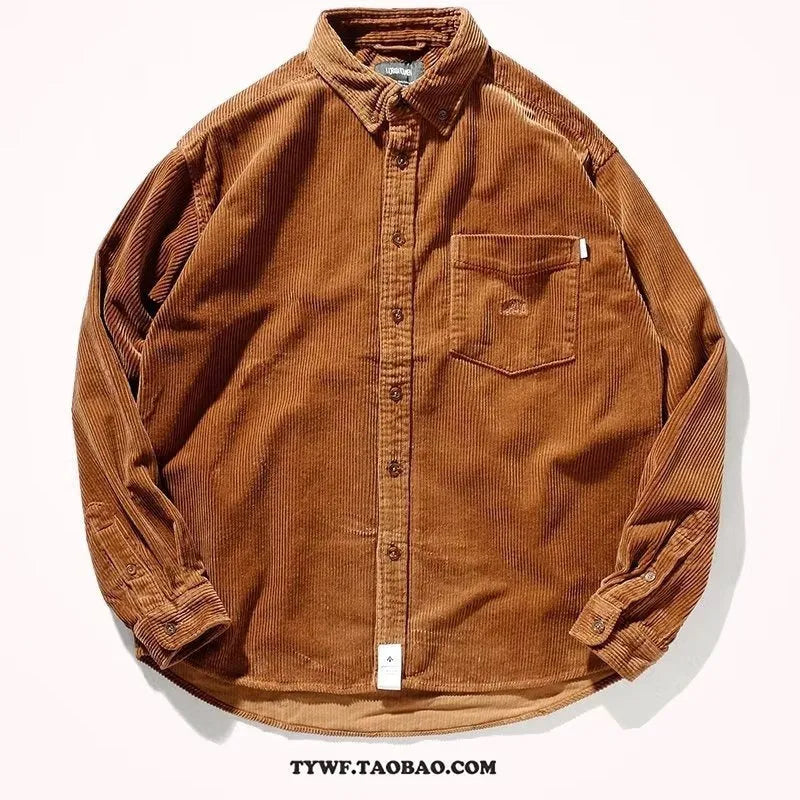 Corduroy loose fit cardigan-style shirt in caramel colour with long sleeves