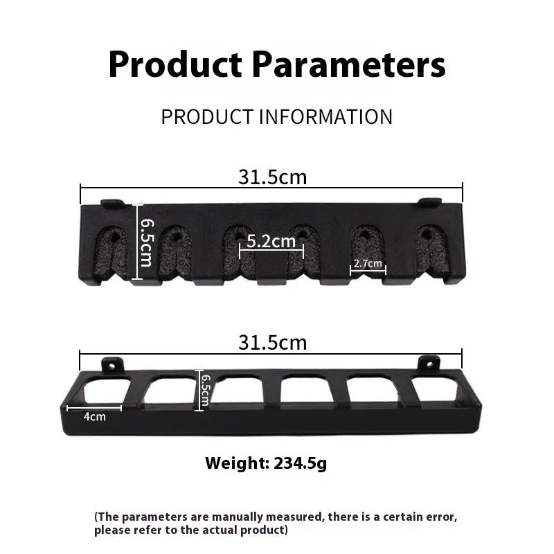 Black ABS plastic wall-mounted fishing rod storage rack with upright and horizontal mounting options