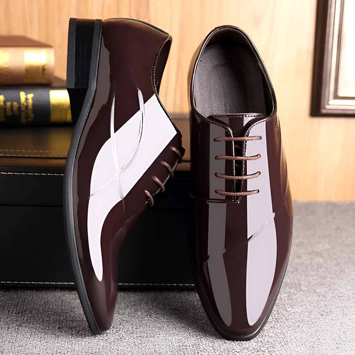 Men's black and brown business formal shoes with pointed toe shape