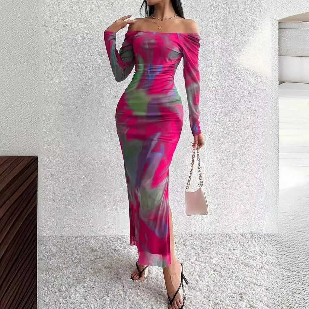 Women's long green mesh dress with fishtail skirt, gradient colour print, pleats, and a square neckline.