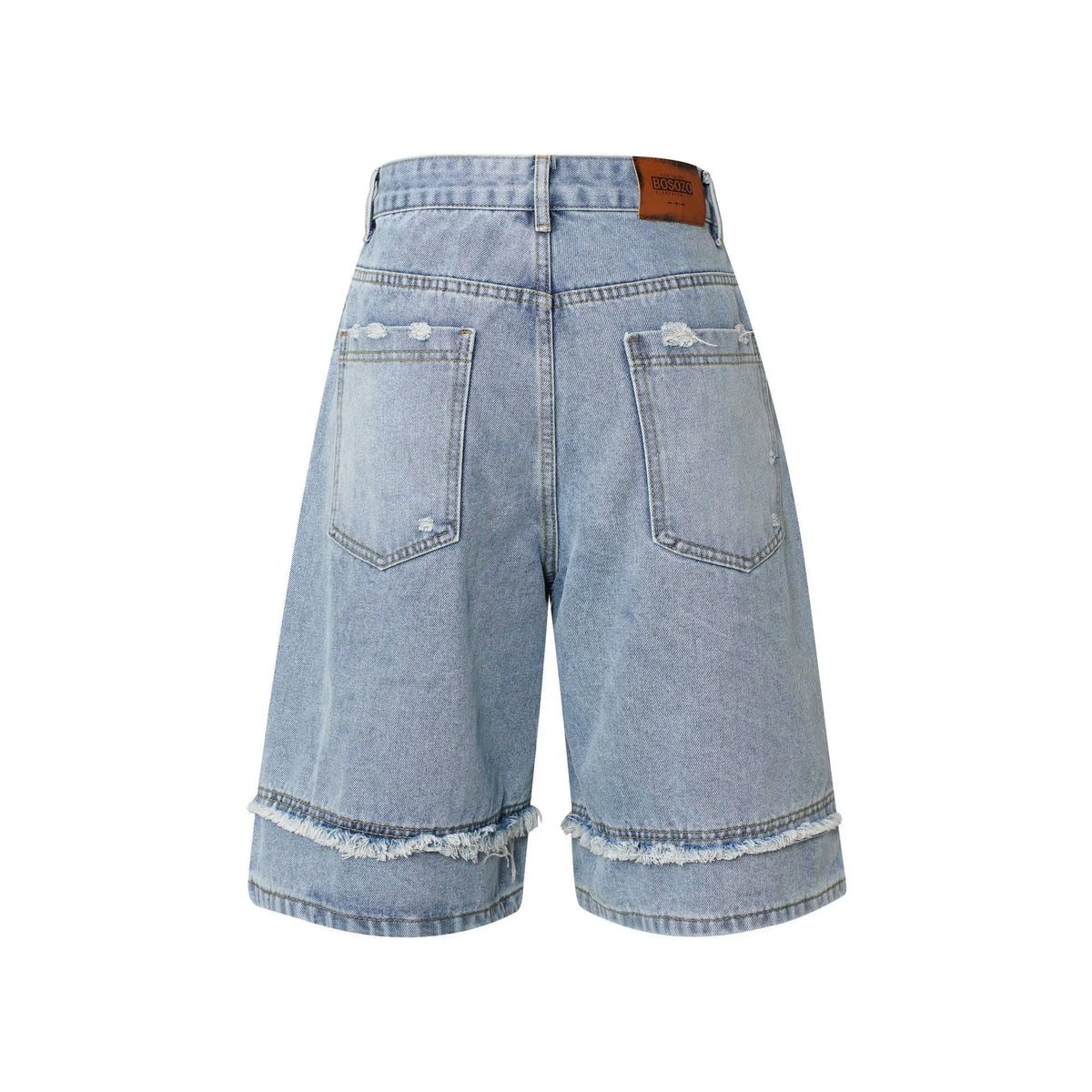 Men's distressed denim shorts with raw edge detailing in straight cut hip hop style