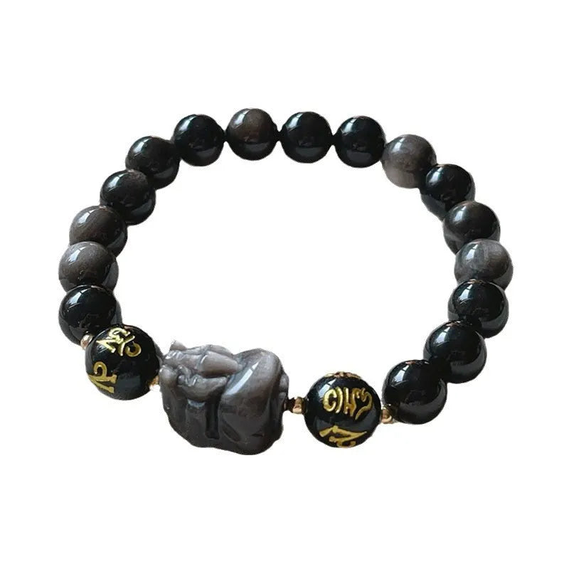 Men's silverstone beaded bracelet with Chinese zodiac motifs and engraved proverbs on adjustable 20cm band