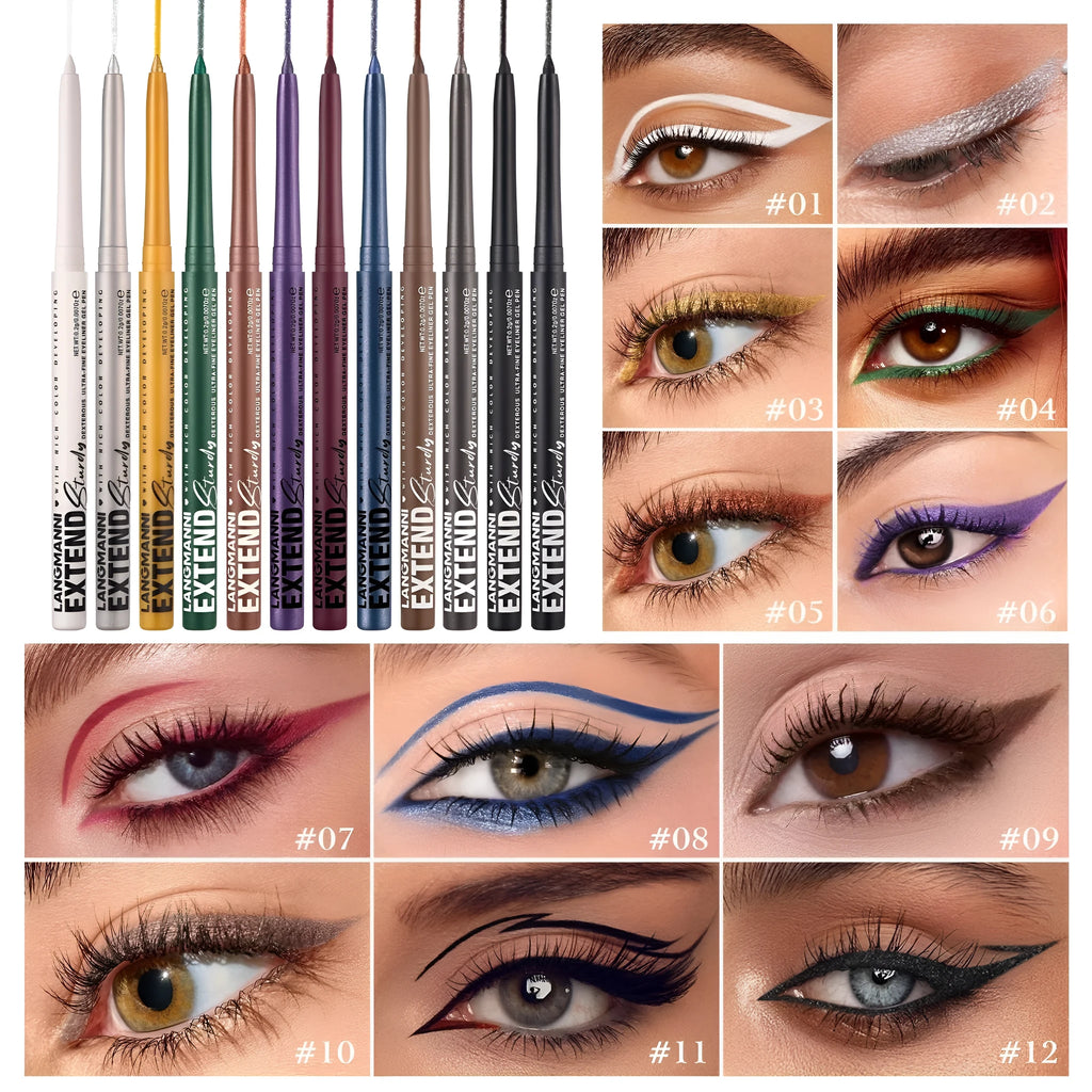 Set of 12 colourful gel glitter eyeliner pencils with various shades and effects for waterproof makeup