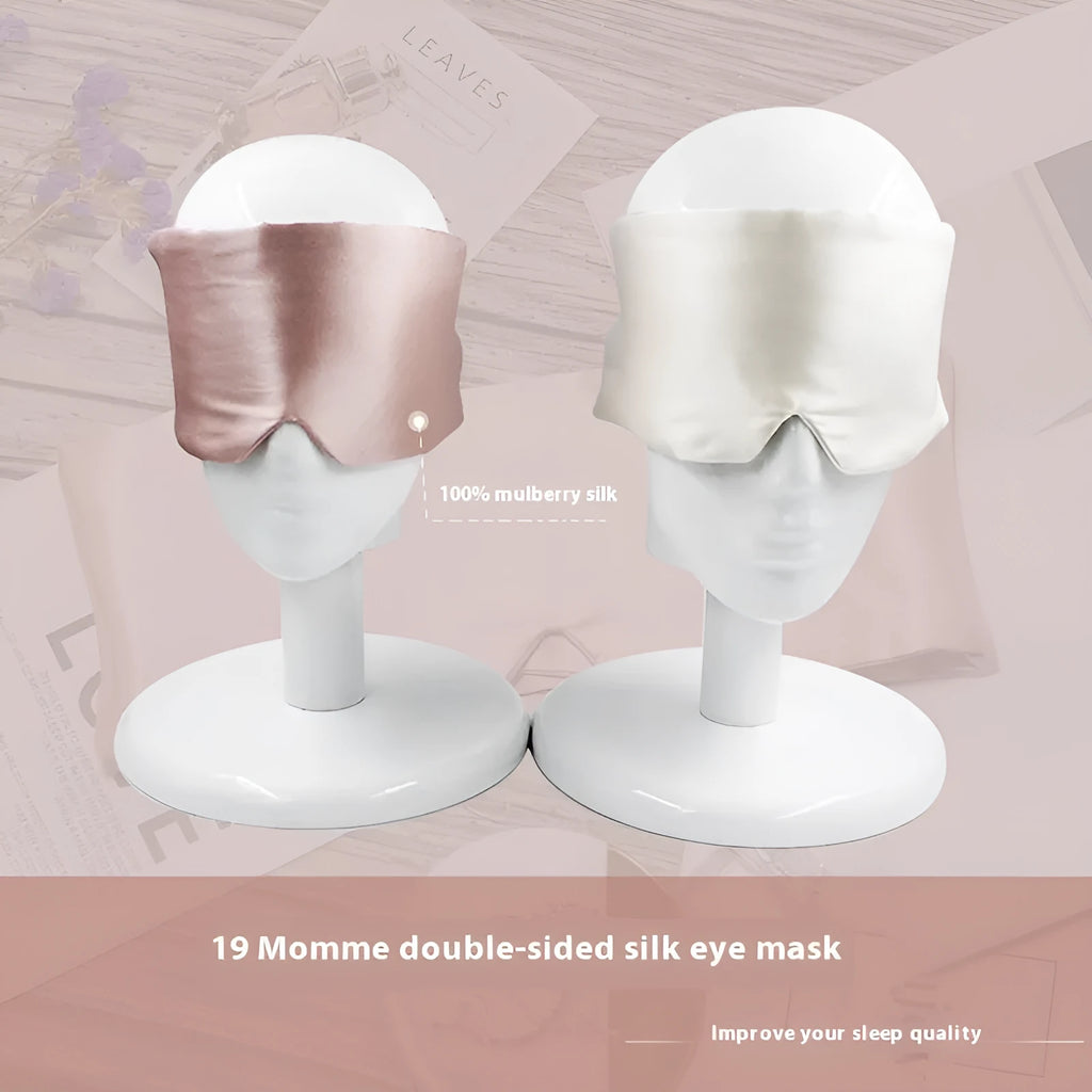 Mulberry silk sleep mask for light blocking, shown in champagne gold colour with soft elastic headband.