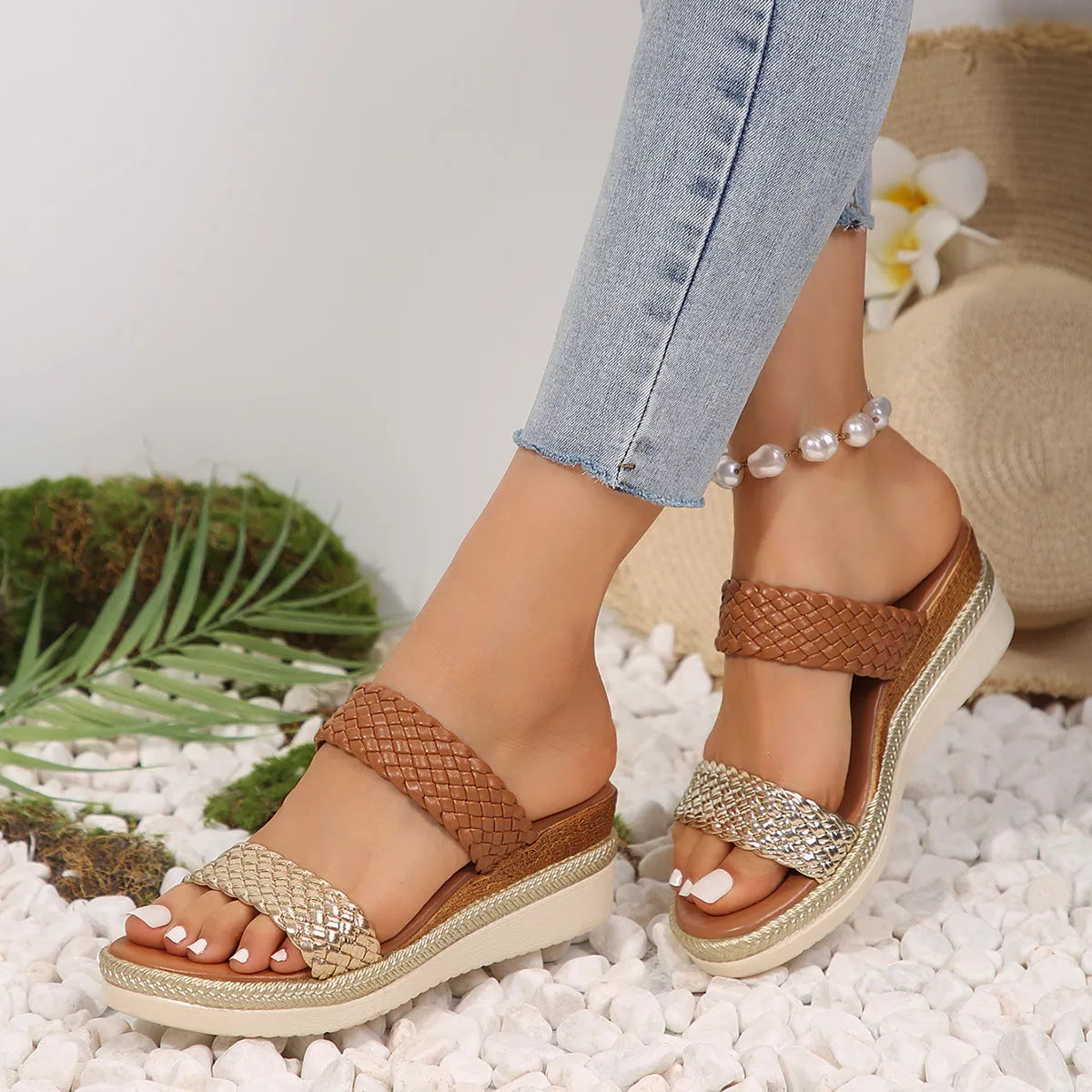 Gold women's wedge sandal with PU upper and rubber sole, shown from the side.