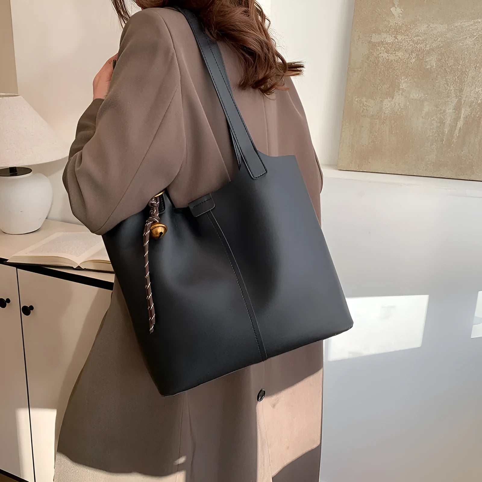 Fashionable commuter shoulder bag PU leather horizontal square shape brown colour with pendant inner patch pocket