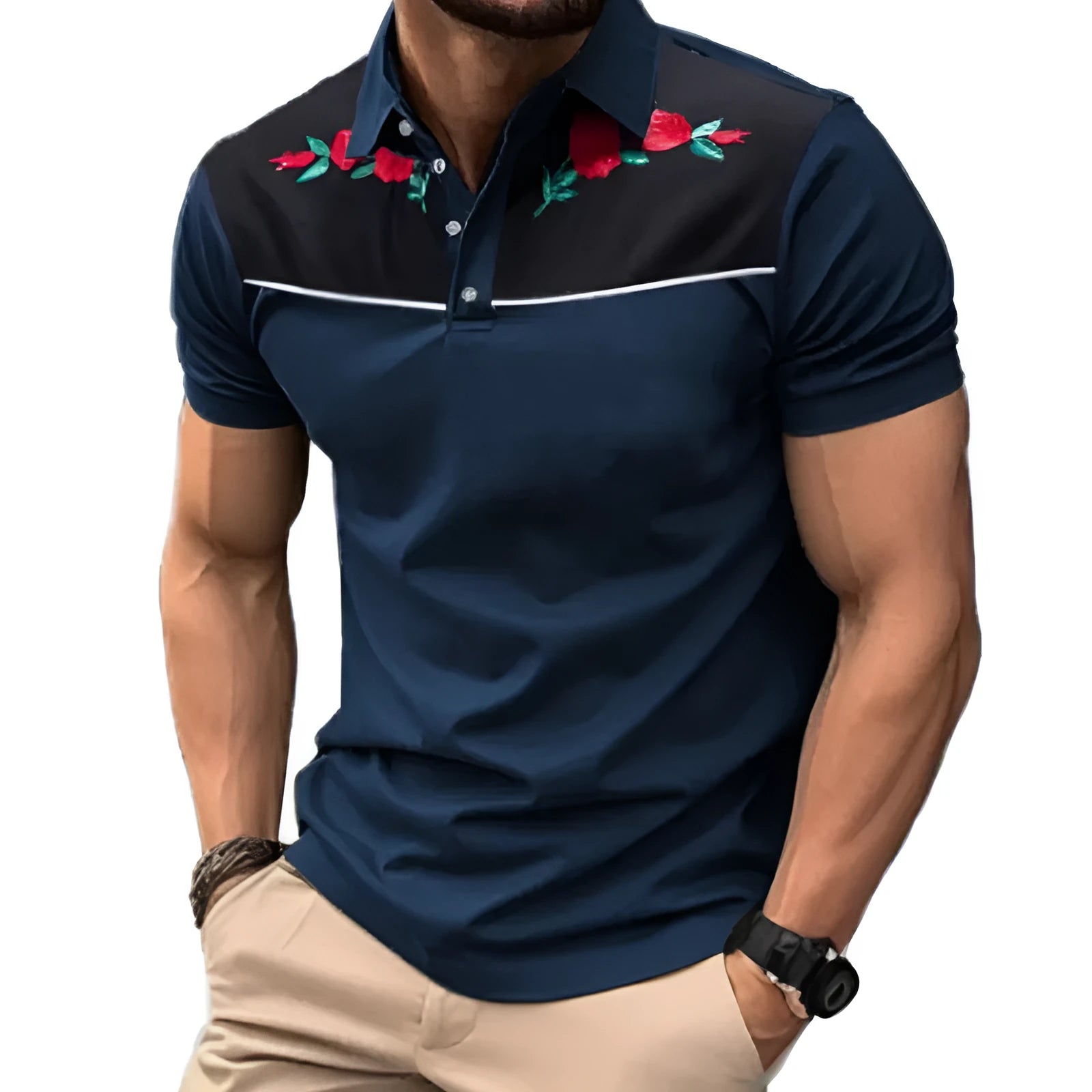 Men's short sleeve mesh polo shirt with zipper decorations in picture colour, laid flat.
