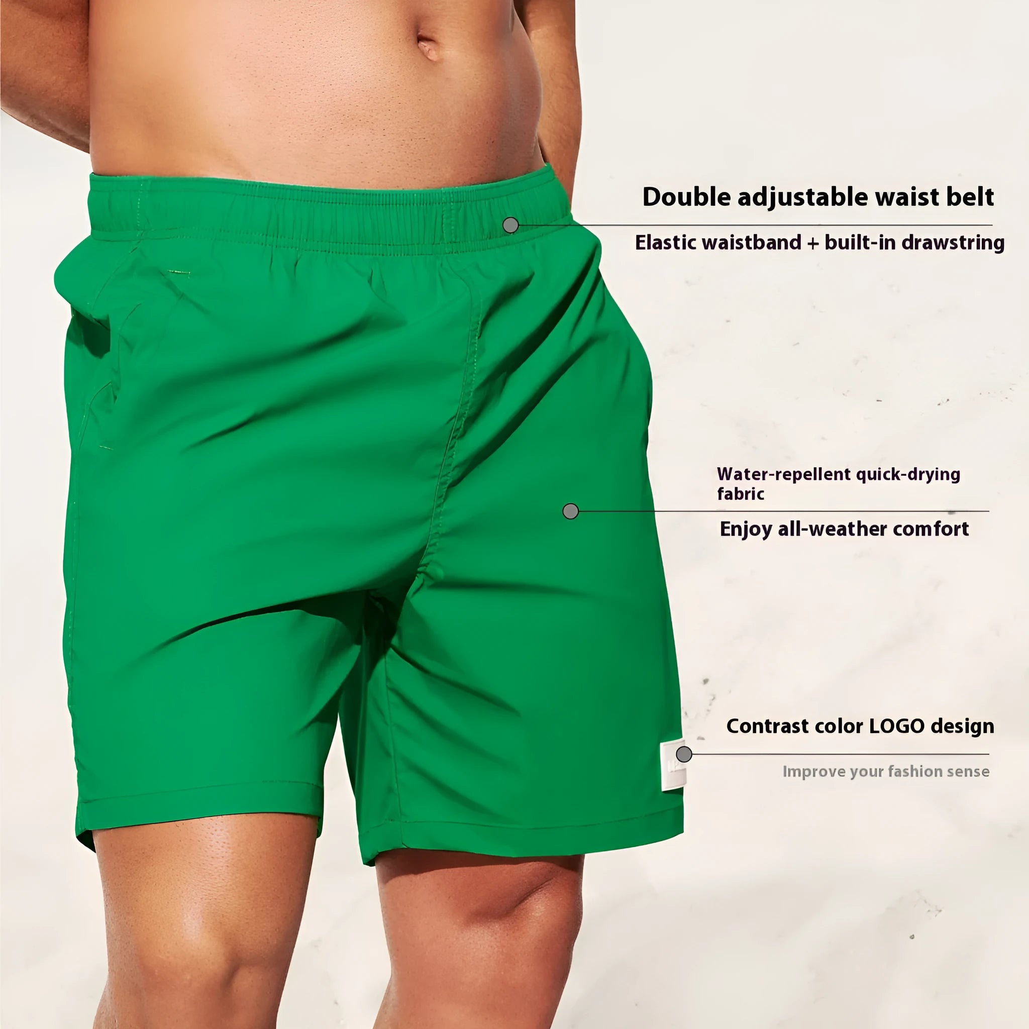 Men's quick-drying nylon beach shorts in blue, shown laid flat, with straight-leg style and elastic waist.