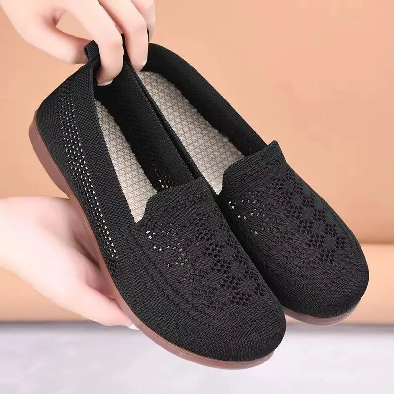 Beige casual tennis shoes for elderly women with mesh upper, antiskid sole, and Flyknit lining for wide feet summer wear