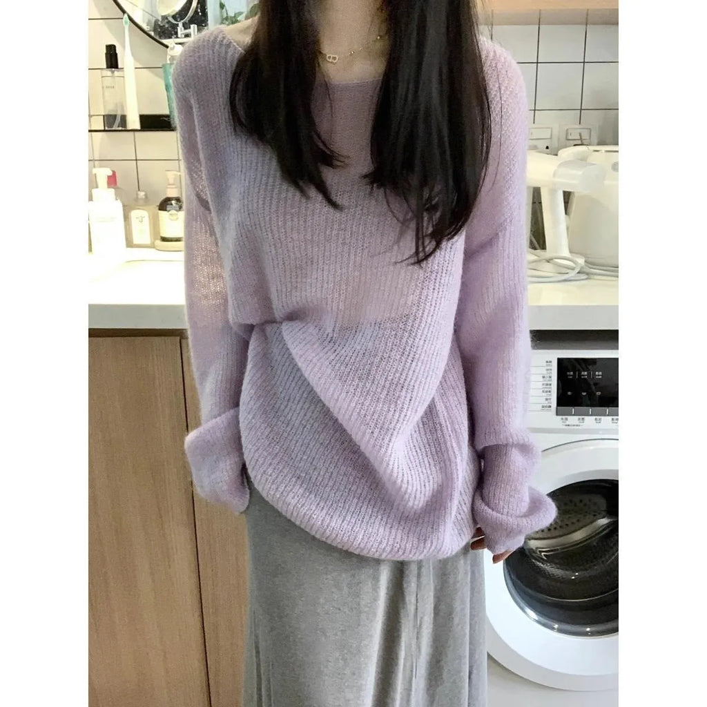 Purple women's ice silk sweater with hollow out design and princess sleeves