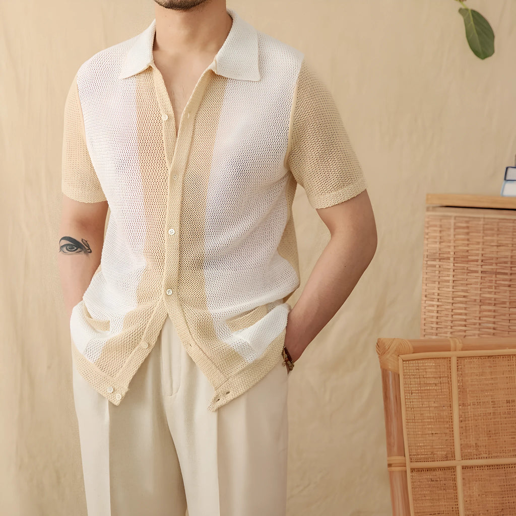 Beige linen cotton blended lapel cardigan top with short sleeves on hanger