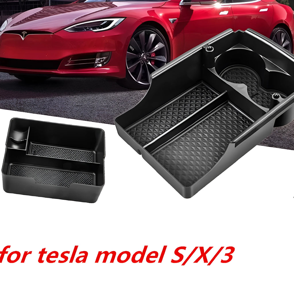 Tesla Model 3 centre console storage box retrofit kit shown installed in vehicle armrest