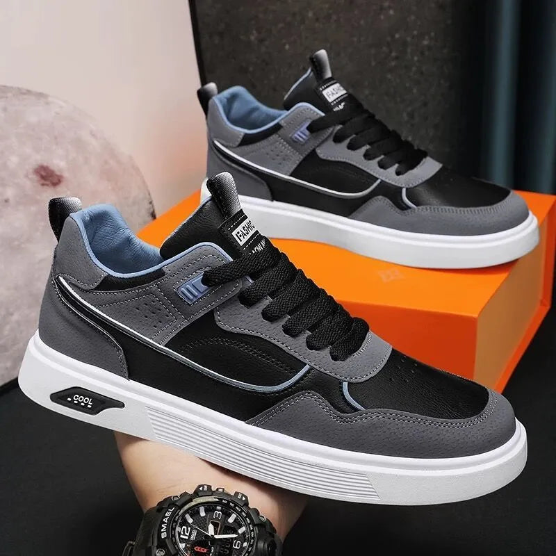 Men's low-top canvas board shoes in black with mesh lining and leather stitching details