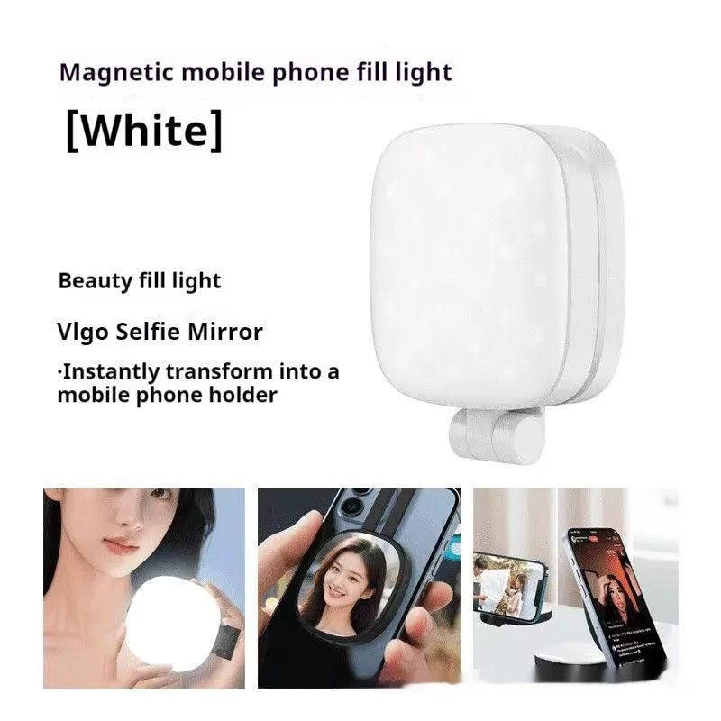 Black and white mobile phone magnetic fill light with adjustable colour temperature and phone holder