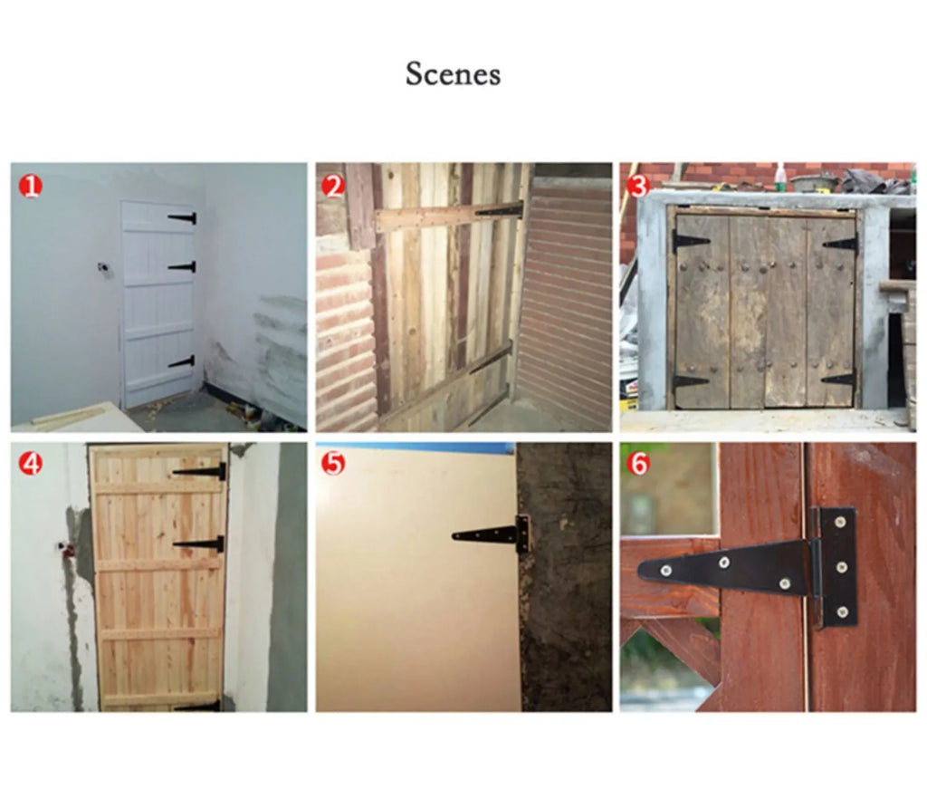 Fixed T-shaped iron folding hinge for wooden doors in various sizes from 4 to 12 inches.