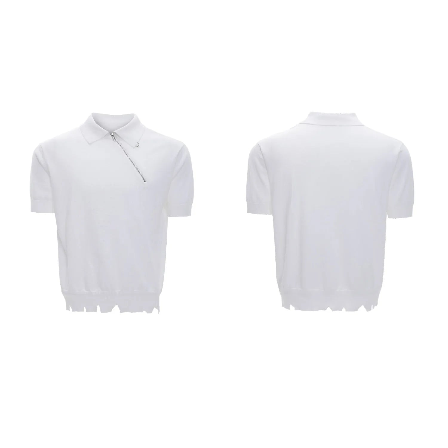 Ice-feeling slim-fit knitted polo shirt for men with an oblique zipper, short sleeves, and a lapel collar in solid colour.