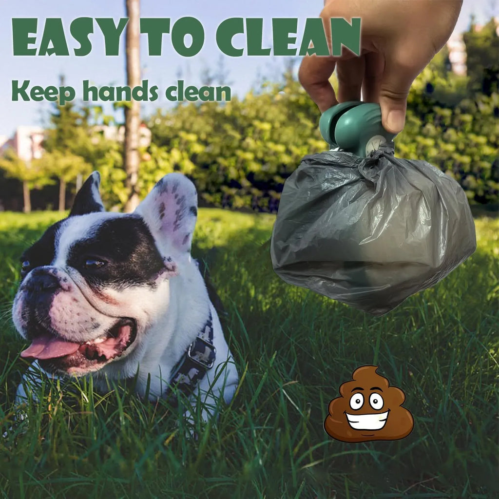 Portable handheld pooper scooper for dog waste with expandable container and bag attachment in grey, blue, green, or yellow