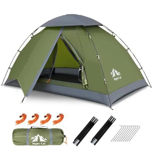 Dark green instant pop-up camping tent shown with automatic deployment mechanism and waterproof rainfly