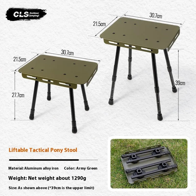 CLS aluminium folding camping stool shown in army green, converted into a small raised table next to a storage bag.