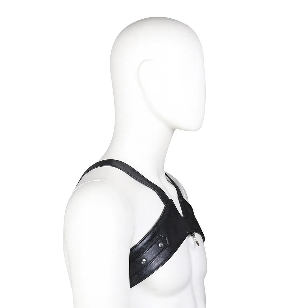 Men's black leather adjustable chest strap harness on torso