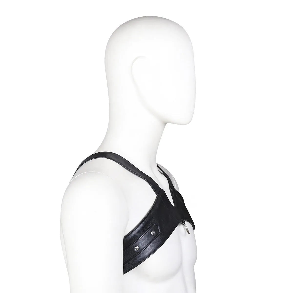 Men's black leather adjustable chest strap harness on torso