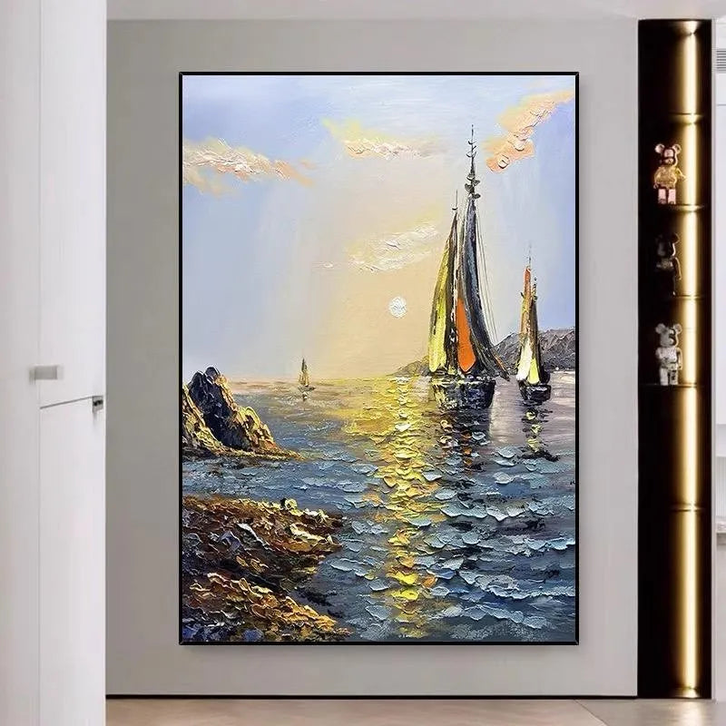 Hand-painted sea boat oil painting on canvas, modern landscape, unframed vertical wall art for living room