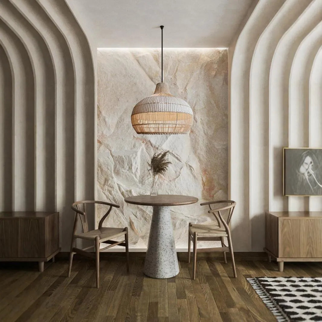 Silent Wind style rattan chandelier with a 60cm diameter, showing pastoral Southeast Asian design.